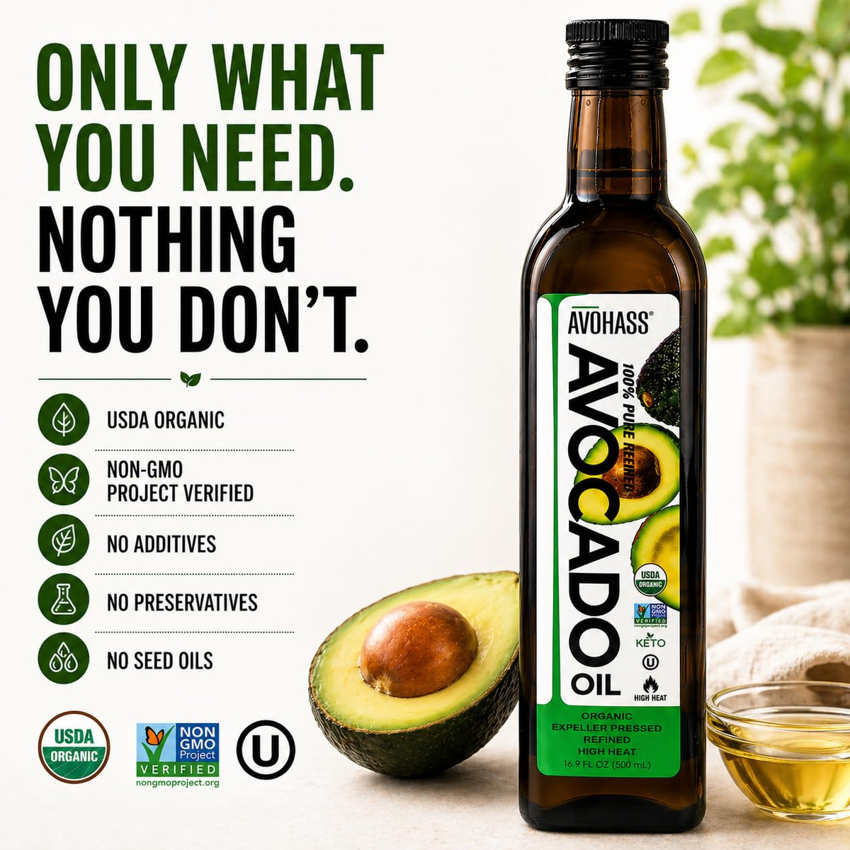 Avohass Organic Avocado Oil Non-GMO verified seal on the bottle