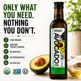 Avohass Organic Avocado Oil Non-GMO verified seal on the bottle
