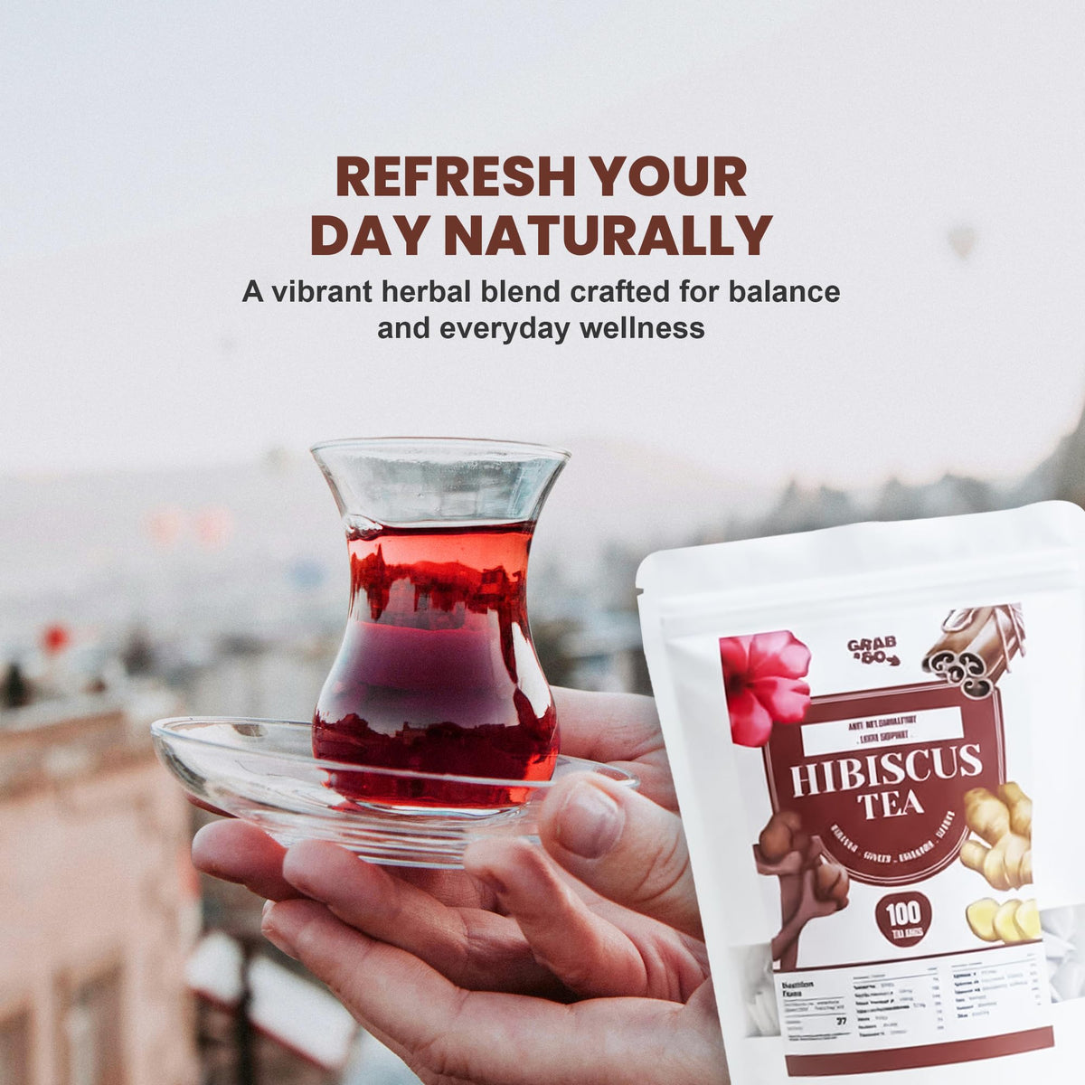 AVTI FARMS antioxidant-rich hibiscus infusion in a glass bottle.