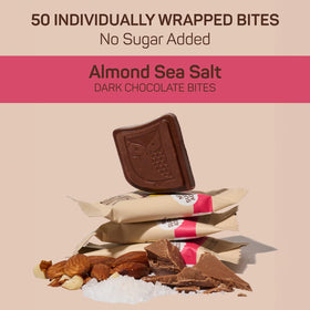 AWAKE caffeinated chocolate bites almond sea salt closeup with crunchy nuts for flavor and energy.