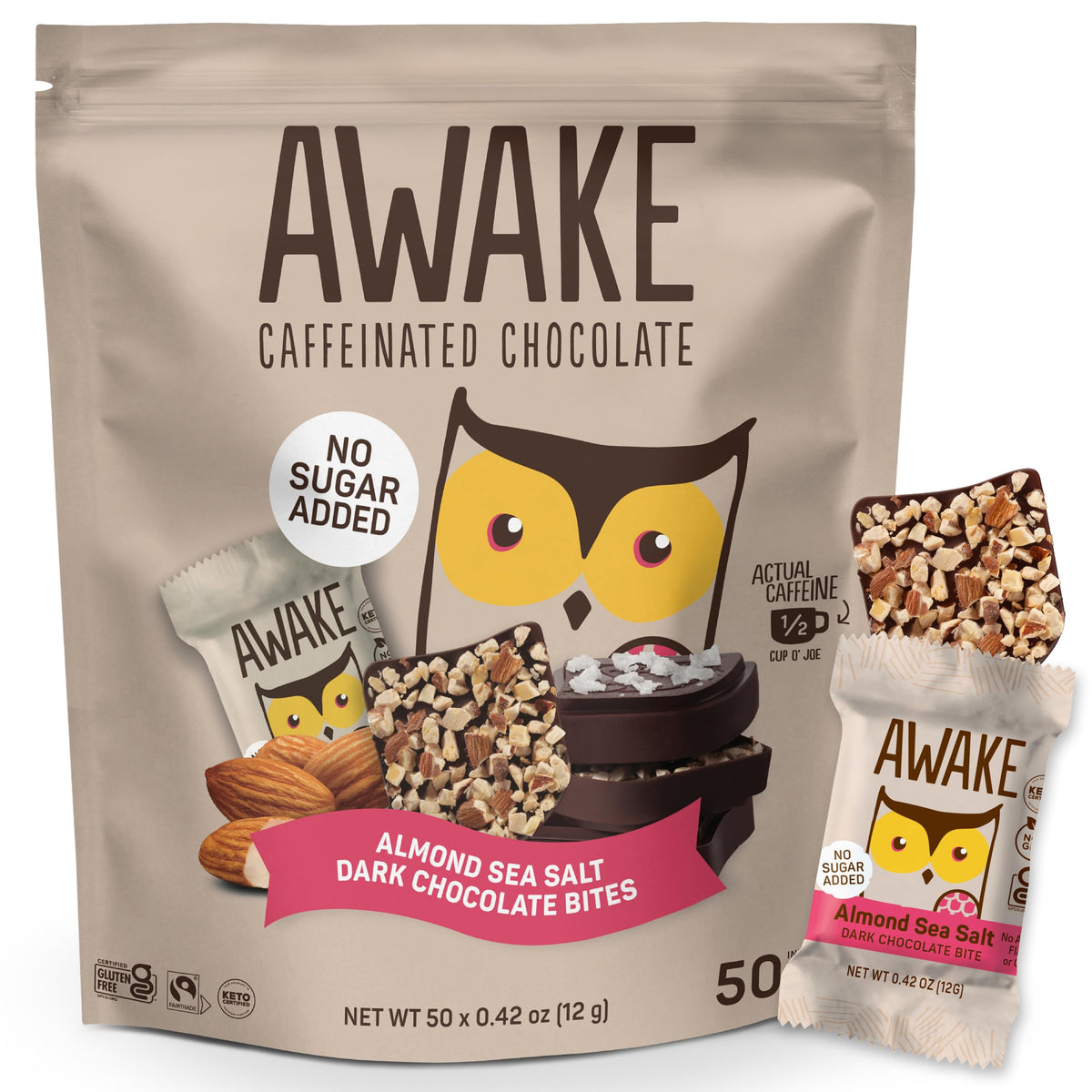 AWAKE caffeinated chocolate bites packaging keeps chocolate fresh during transit.