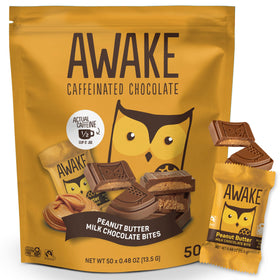 AWAKE caffeinated chocolate bites packaging shows a 50-count box, ideal for on-the-go energy.