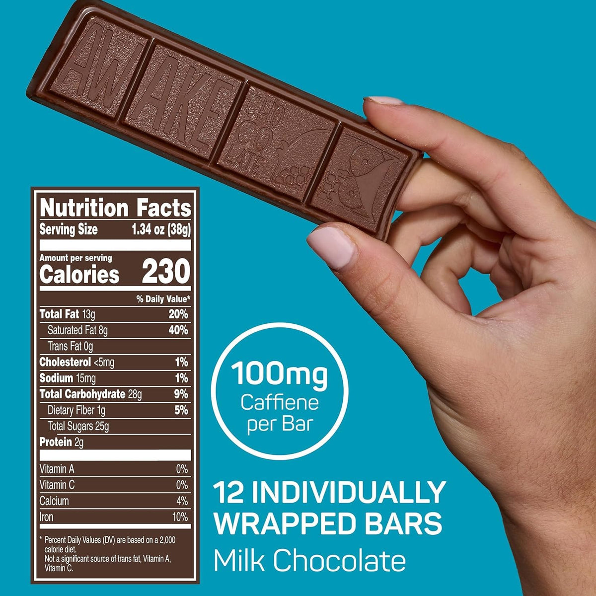 Awake caffeinated chocolate milk bar closeup highlighting creamy texture and aroma