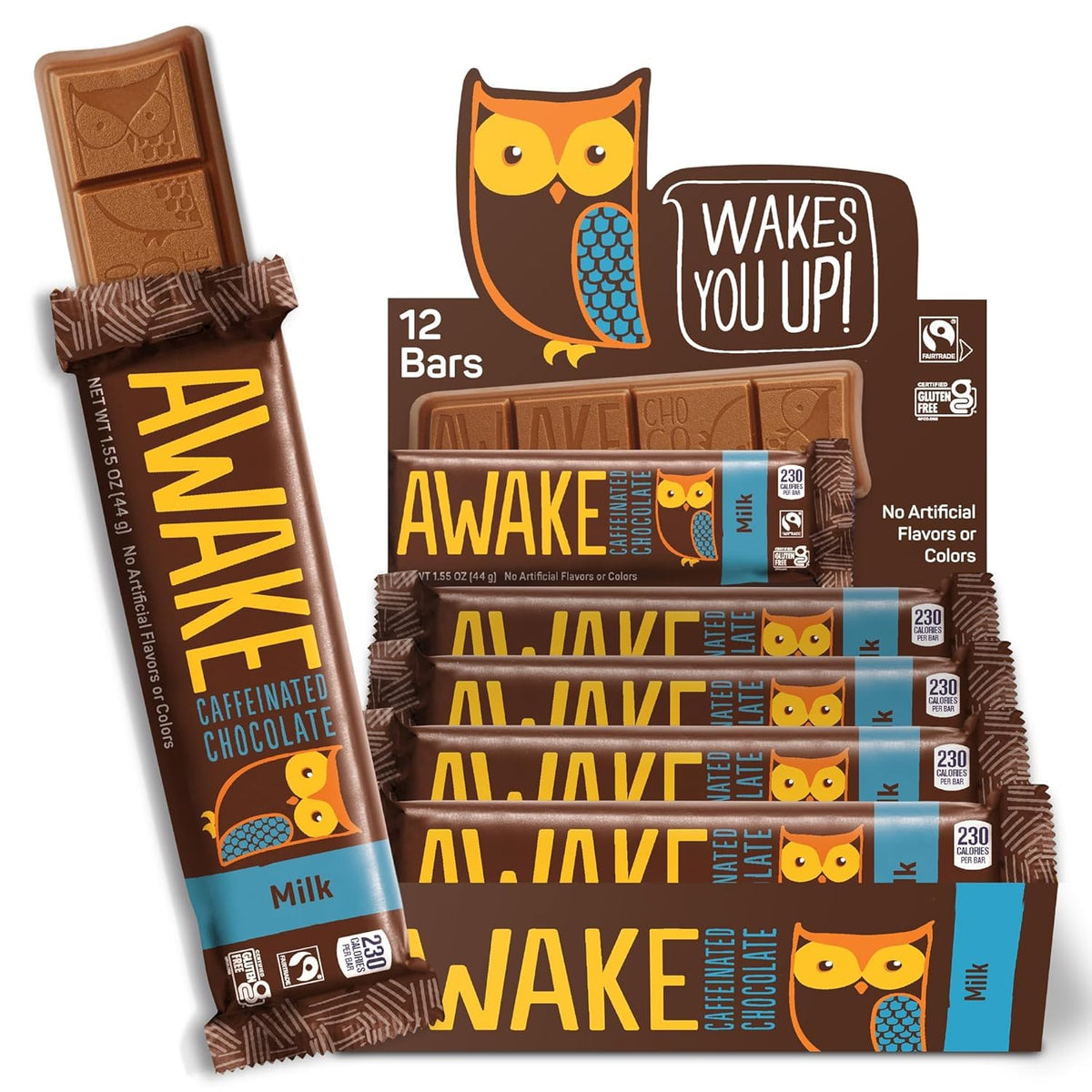 Awake caffeinated chocolate milk bar packaging showing 12 bars and fairtrade certification for quick energy