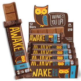 Awake caffeinated chocolate milk bar packaging showing 12 bars and fairtrade certification for quick energy