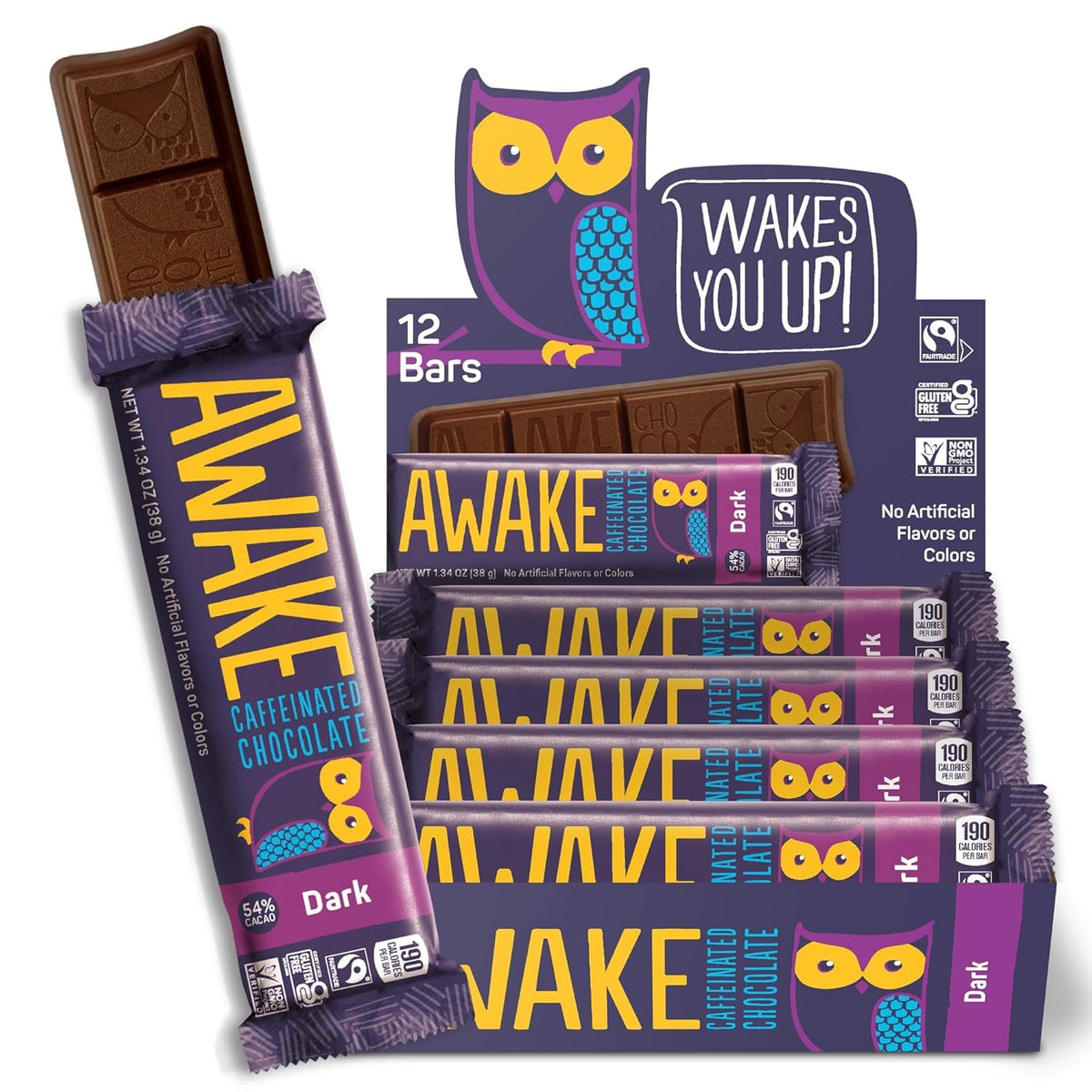 Awake chocolate packaging with dark bar and branding