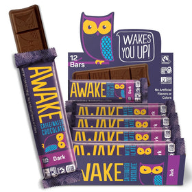 Awake chocolate packaging with dark bar and branding