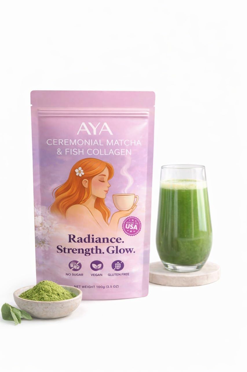 AYA Matcha ceremonial grade powder with marine collagen in tin for latte and smoothie use.