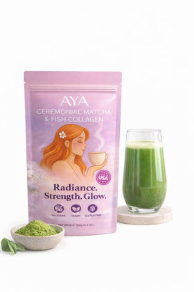 AYA Matcha ceremonial grade powder with marine collagen in tin for latte and smoothie use.