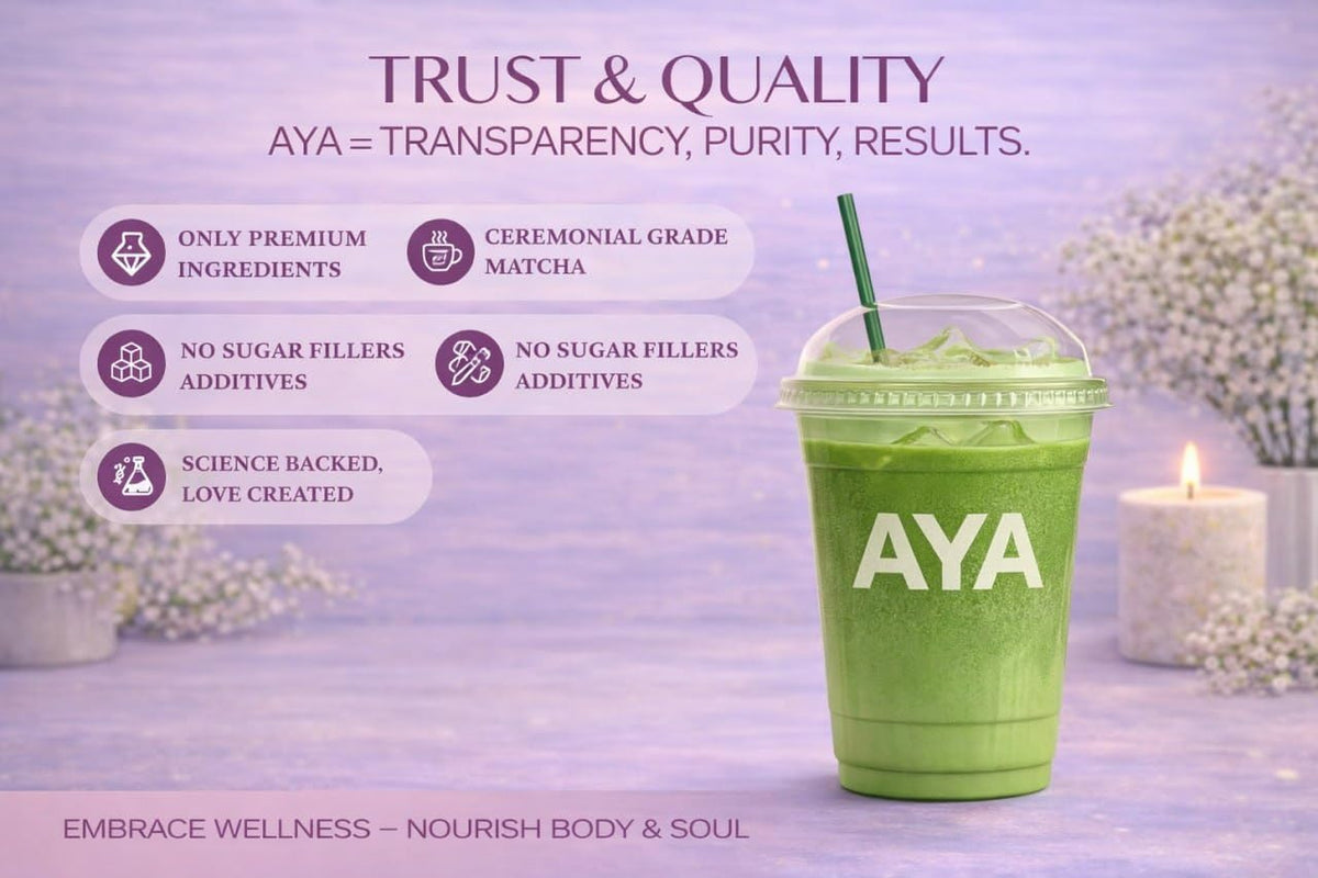 AYA Matcha ingredients label shows no added sugar or fillers.