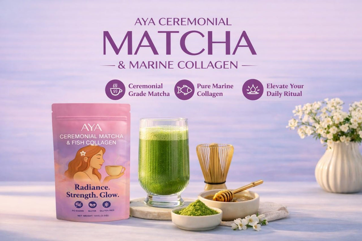AYA Matcha powder swirling in a bowl for whisking into hot or iced drinks.