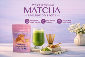 AYA Matcha powder swirling in a bowl for whisking into hot or iced drinks.