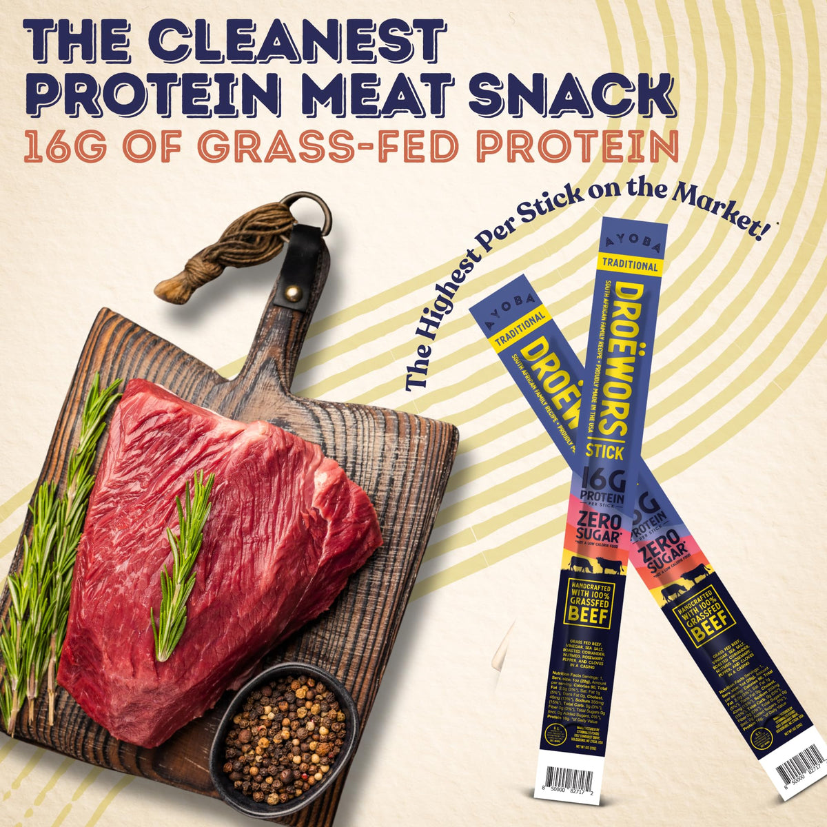 Ayoba Beef Sticks Traditional close-up texture emphasizes lean beef and premium flavor.
