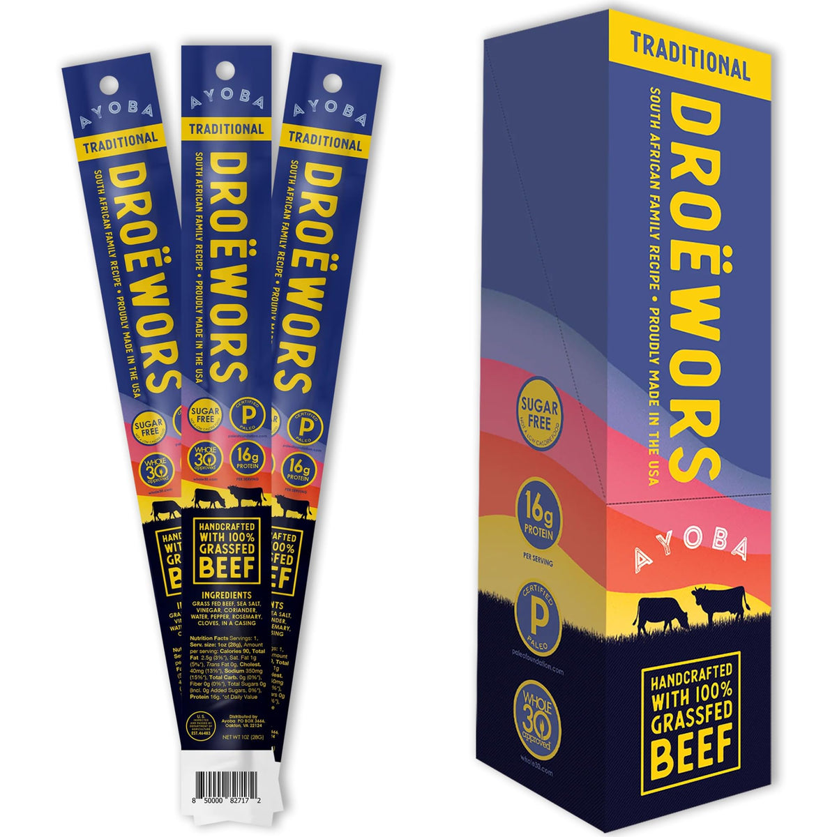 Ayoba Beef Sticks Traditional pack shot highlights a high-protein snack for busy days.