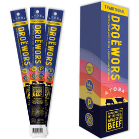 Ayoba Beef Sticks Traditional pack shot highlights a high-protein snack for busy days.