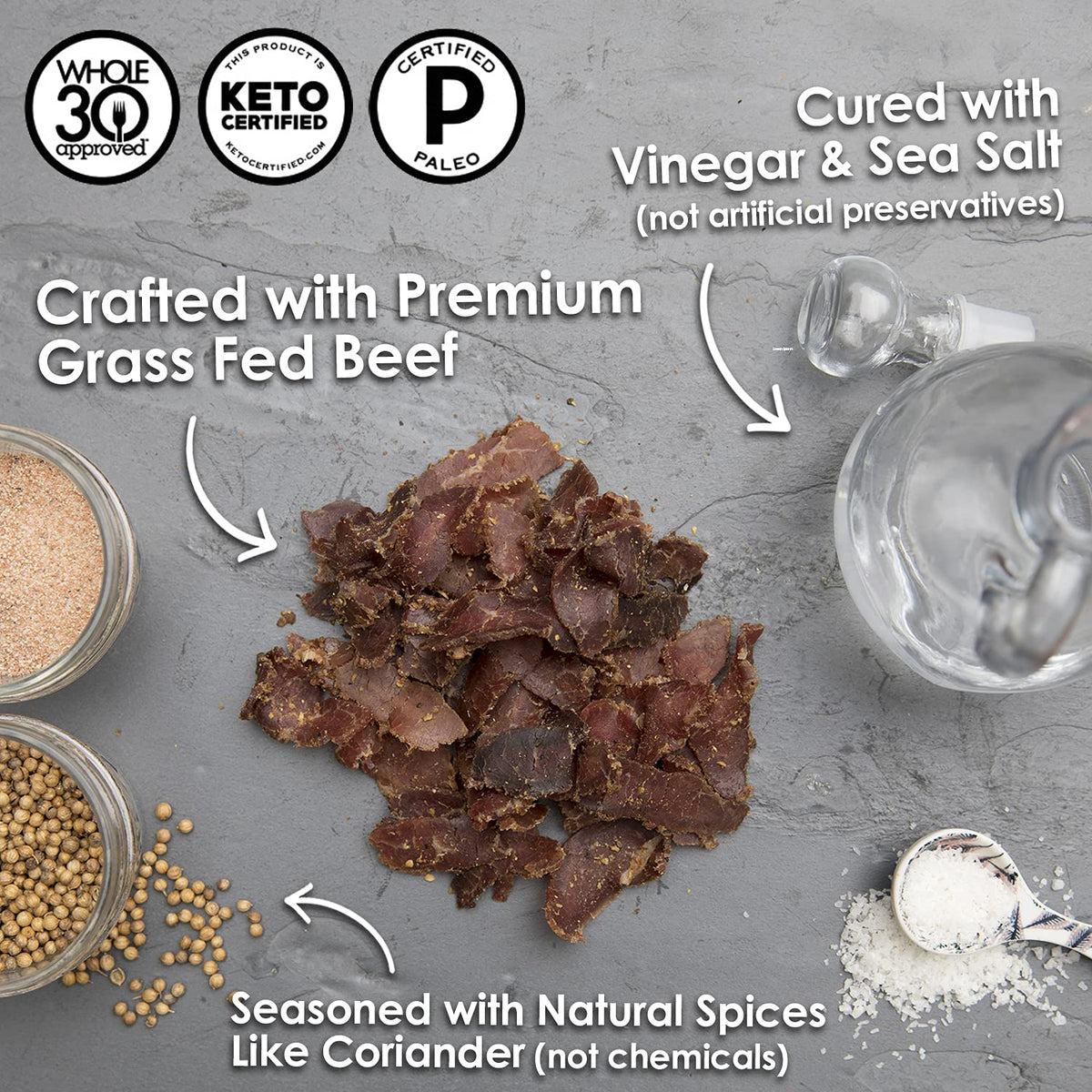 Ayoba biltong slices closeup texture highlights savory air-dried quality.