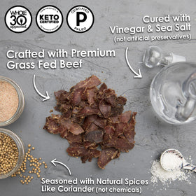Ayoba biltong slices closeup texture highlights savory air-dried quality.