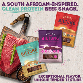Ayoba grass-fed biltong slices packaging label visible