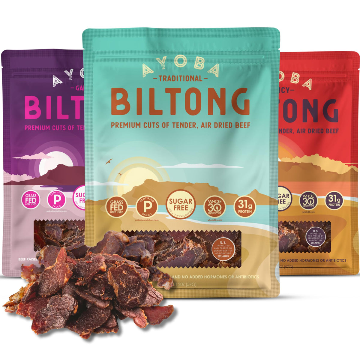 Ayoba grass-fed biltong slices front view with variety pack for on-the-go protein
