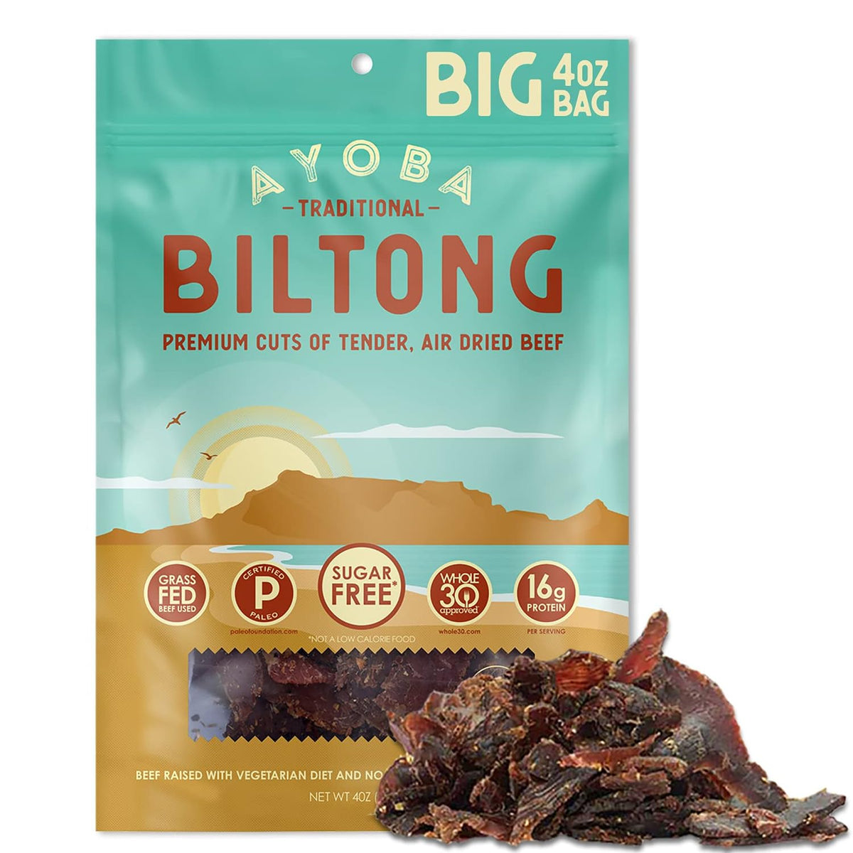 Ayoba grass-fed beef biltong slices pack, convenient on-the-go protein snack.