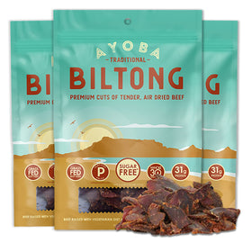 Ayoba traditional beef biltong slices in 8oz pack for protein-rich snacking