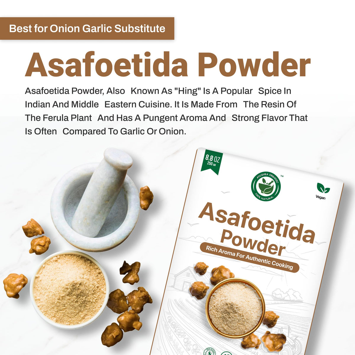 AYUSHKA ORGANIC asafoetida powder in dals and curries for depth.