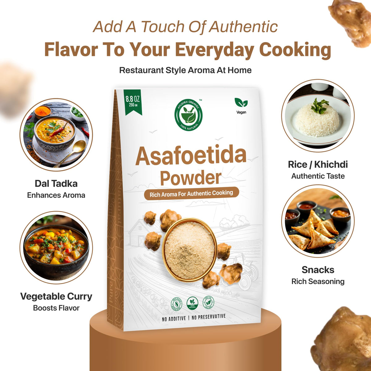 AYUSHKA ORGANIC asafoetida powder ingredient purity supports authentic flavors.