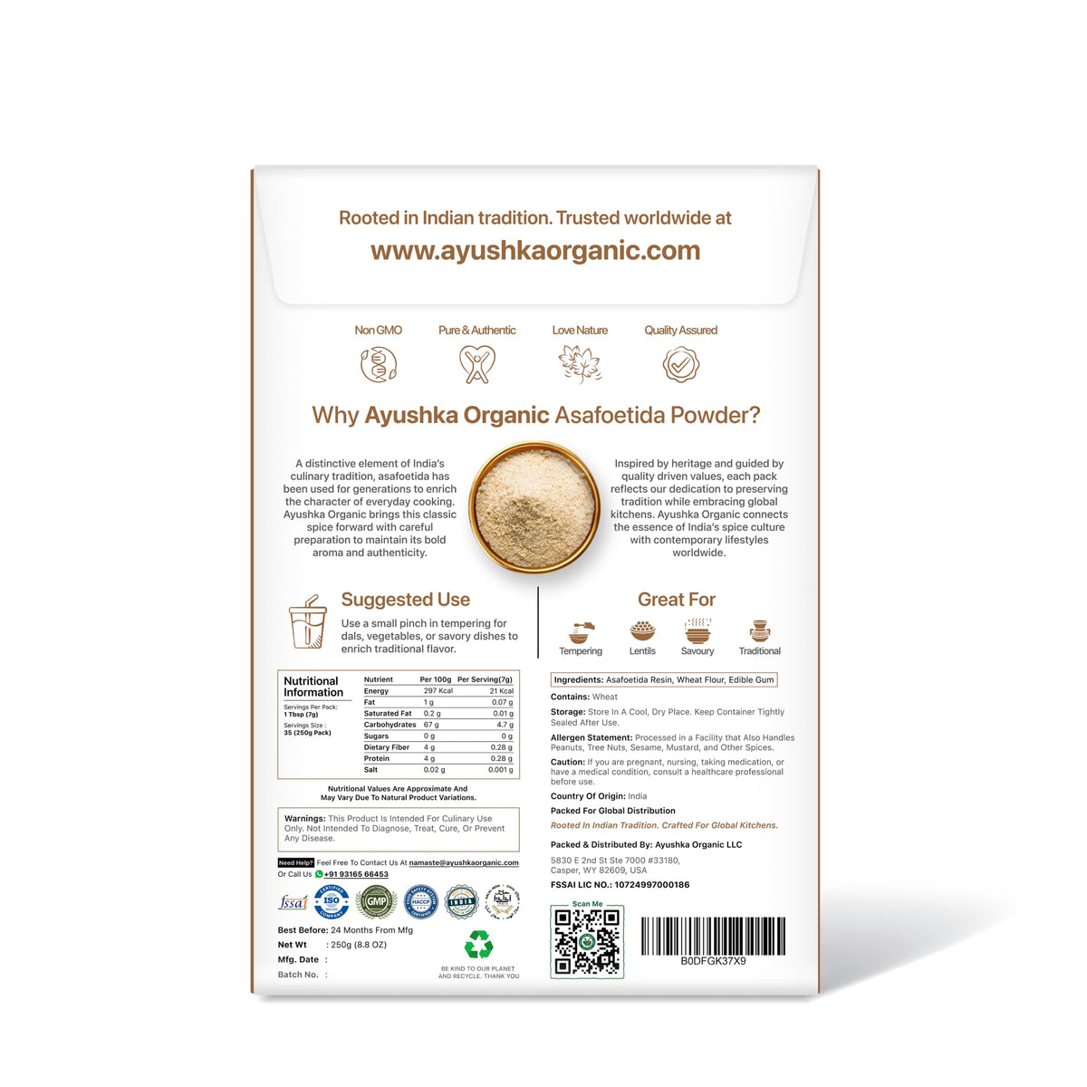 AYUSHKA ORGANIC asafoetida powder jar-label closeup highlights premium aroma and purity.