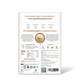 AYUSHKA ORGANIC asafoetida powder jar-label closeup highlights premium aroma and purity.