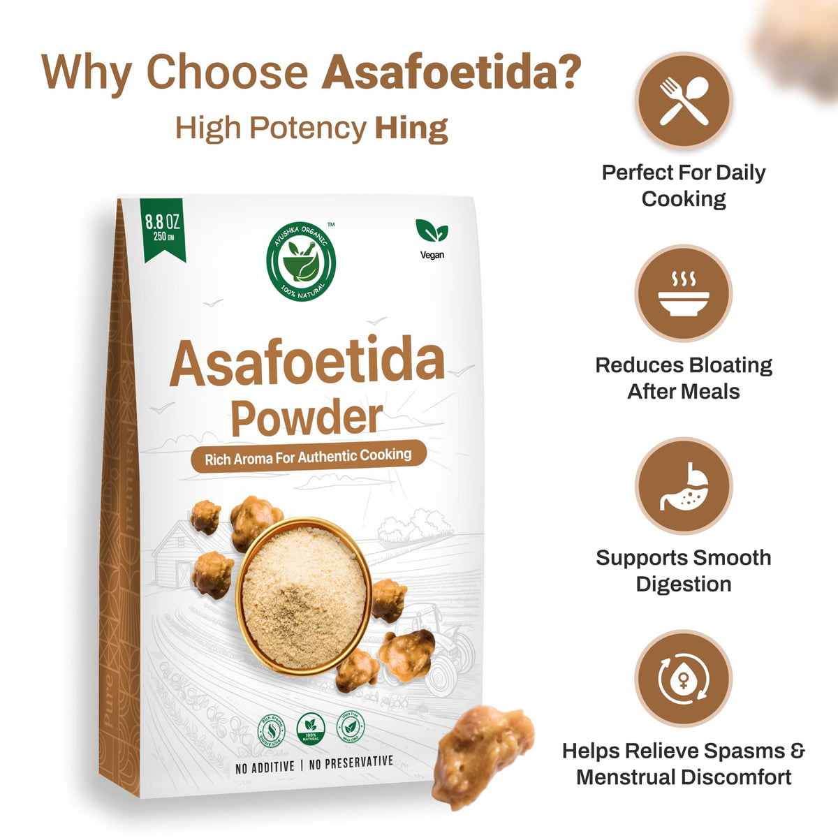 AYUSHKA ORGANIC asafoetida powder with pickles adds tangy aroma.