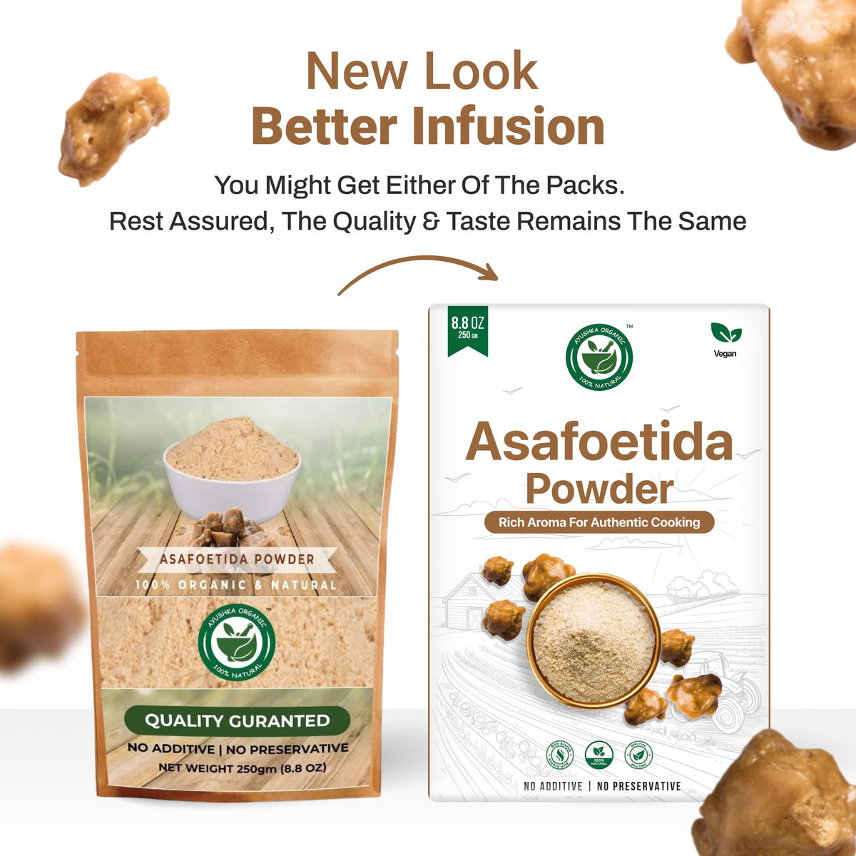 AYUSHKA ORGANIC asafoetida powder pouring scene adds instant flavor boost.