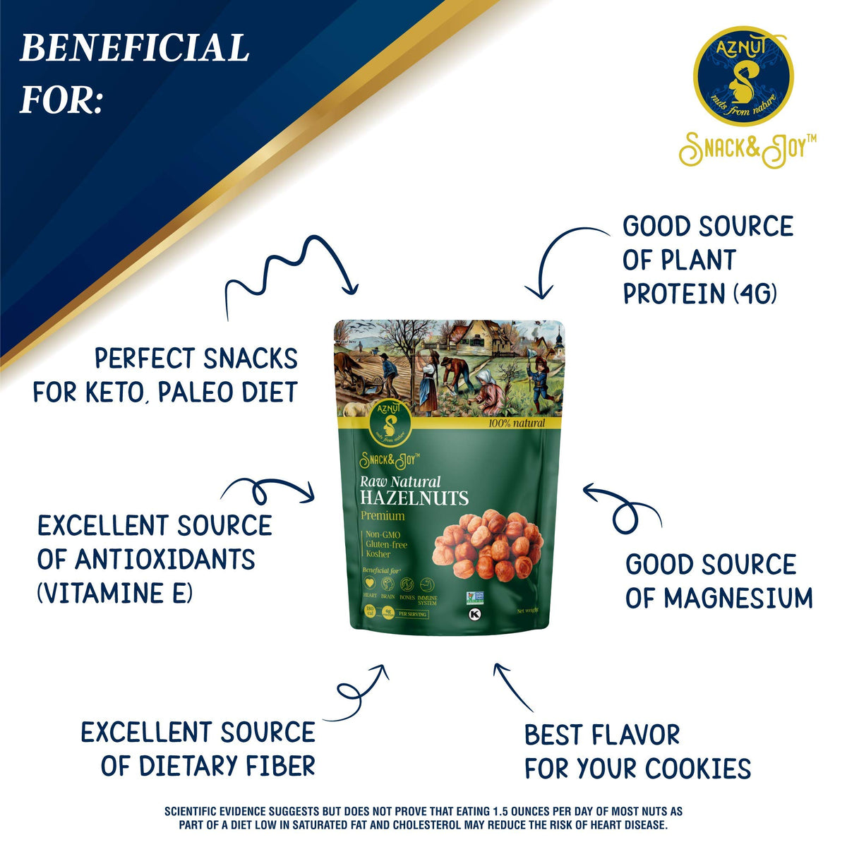 AZNUT hazelnuts in resealable bag, preserving freshness for snacking.