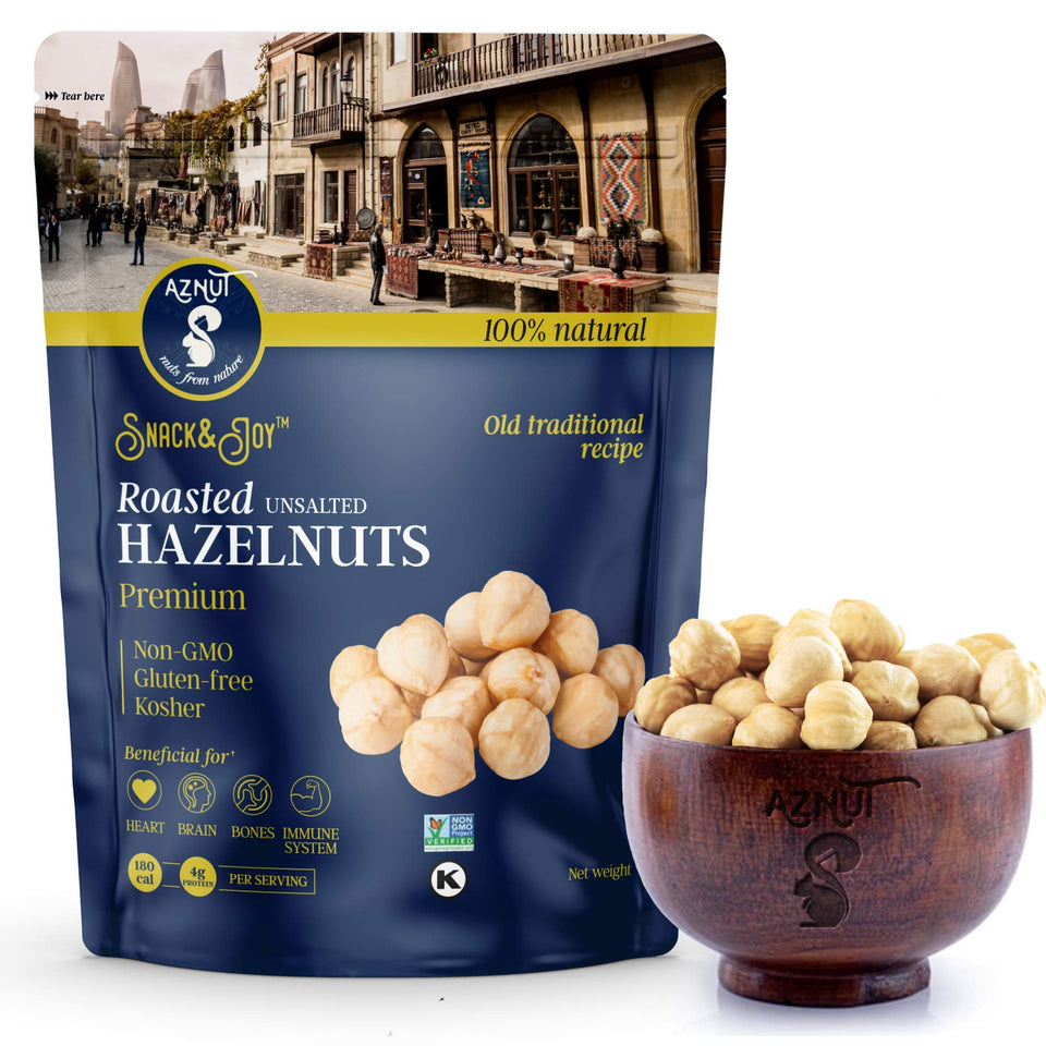 AZNUT roasted hazelnuts in a 3 lb package, premium quality.