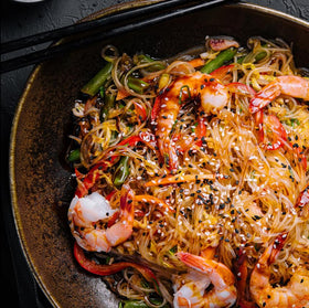 B Bob’s Ginger Noodle Sauce poured over noodles for fragrant flavor boost