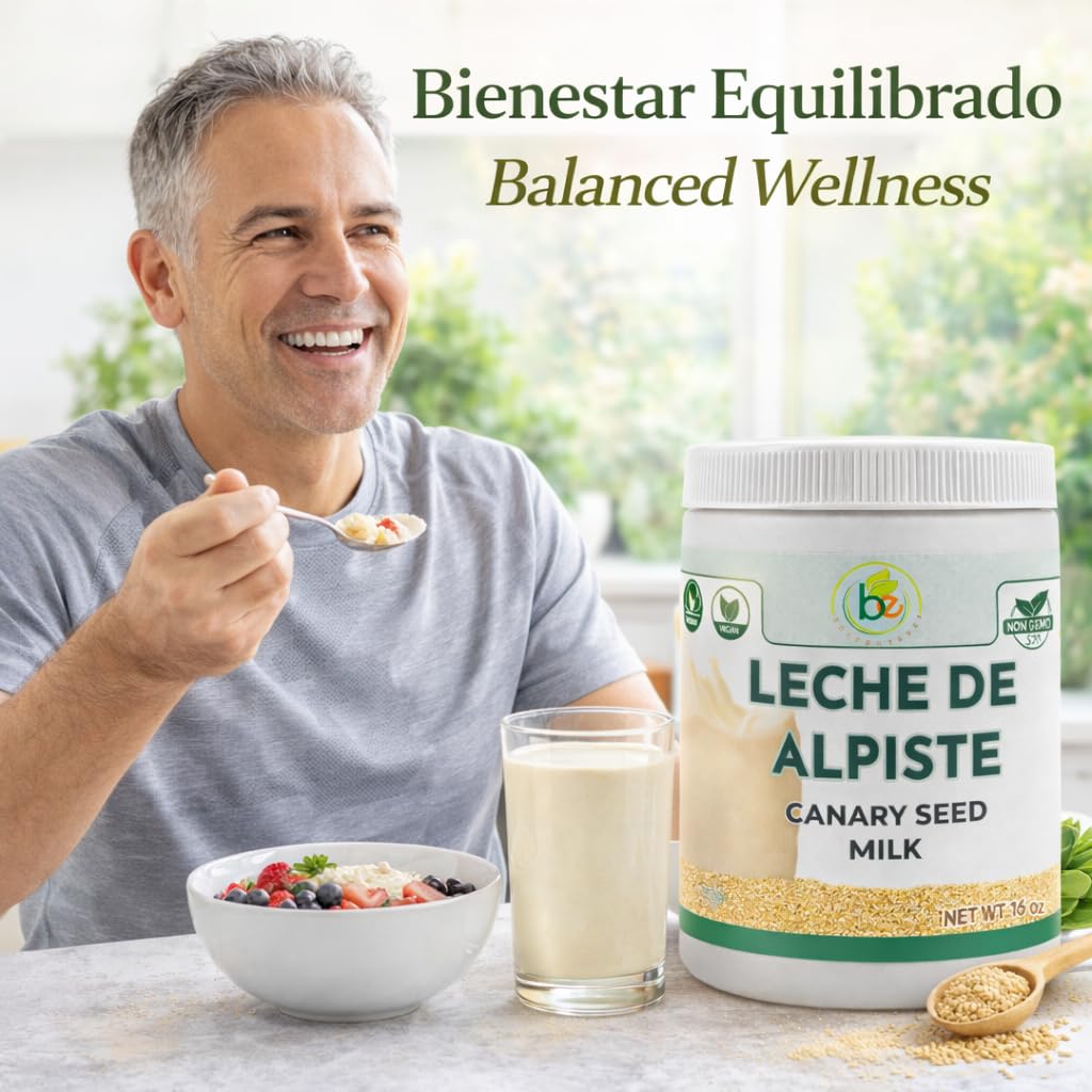 Back label on B-Experts Canary Seed Milk Powder notes antioxidant-rich profile.