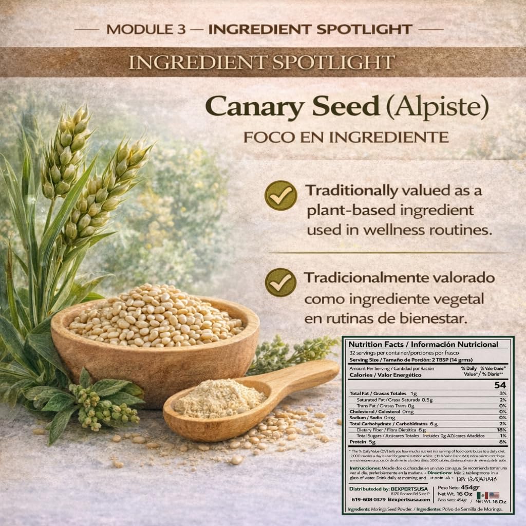 Ingredients panel on B-Experts Canary Seed Milk Powder looks clean and additive-free.