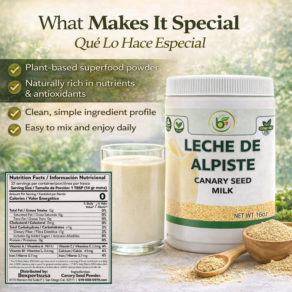 Close-up of B-Experts Canary Seed Milk Powder texture for smooth blending.