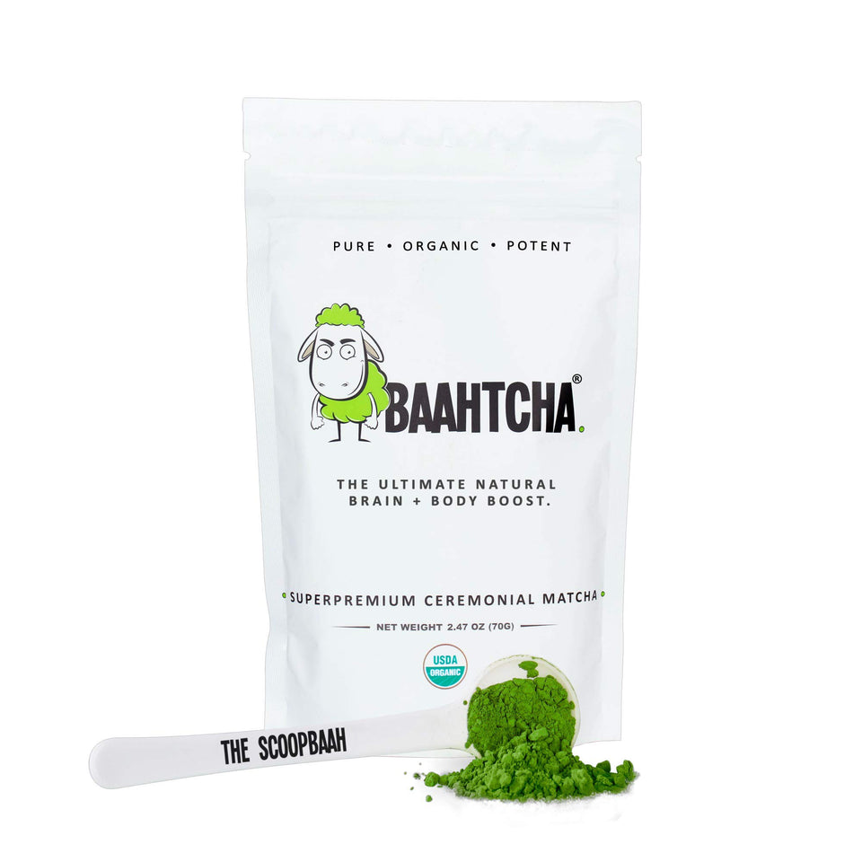 BAAHTCHA ceremonial matcha powder in a 70g tin ready to blend into drinks