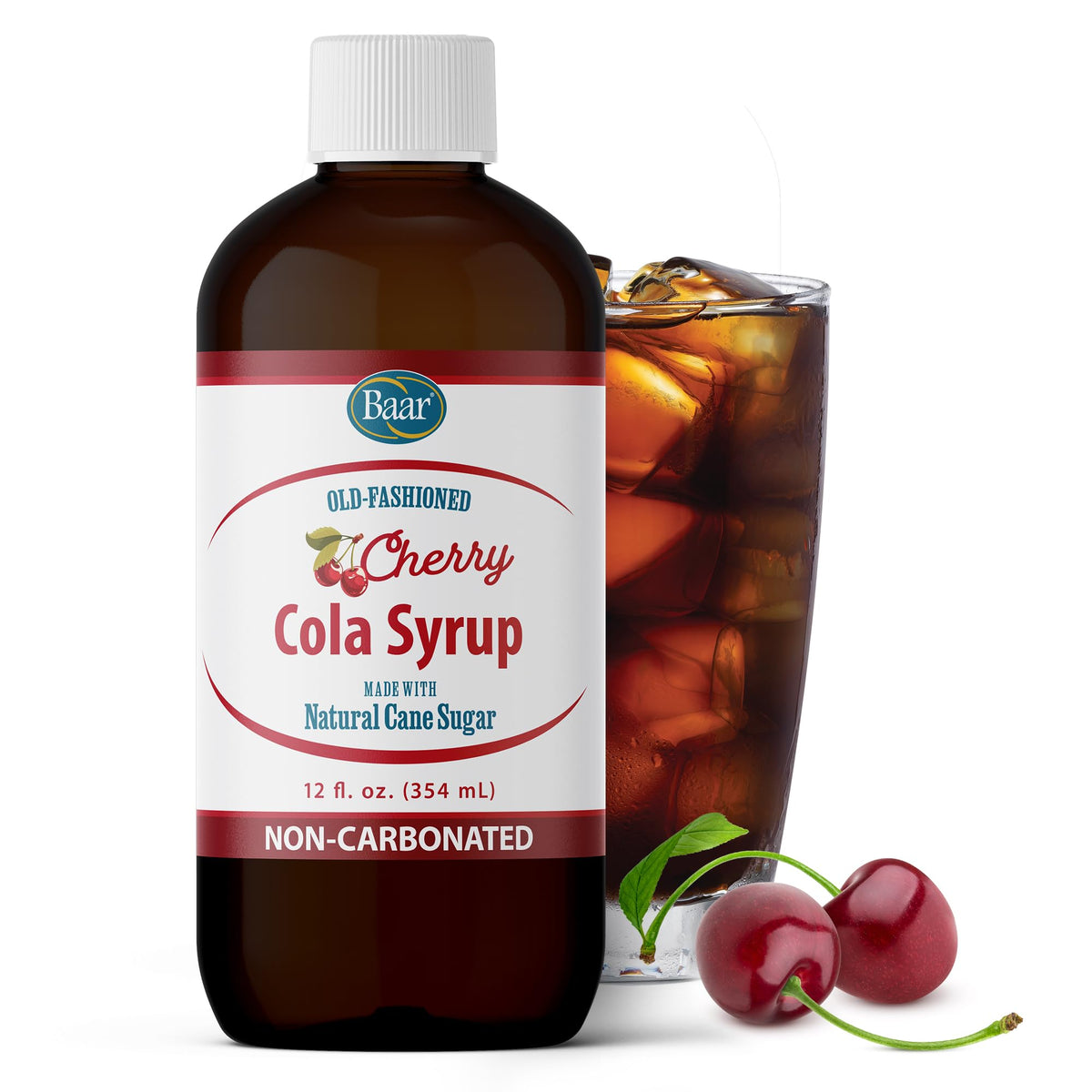 Baar Cherry Cola Syrup bottle on a counter showing caffeine-free flavor