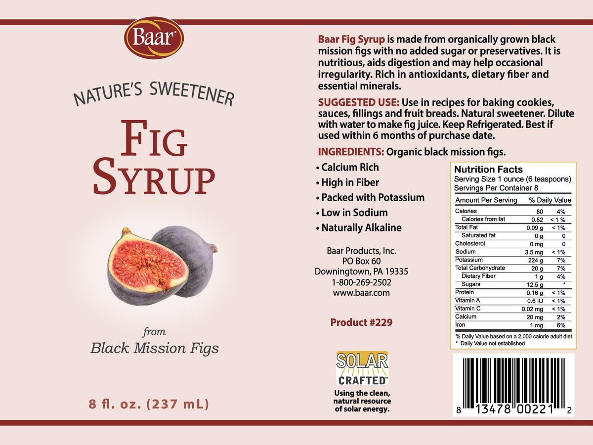 Baar Fig Syrup bottle back label with organic ingredients.