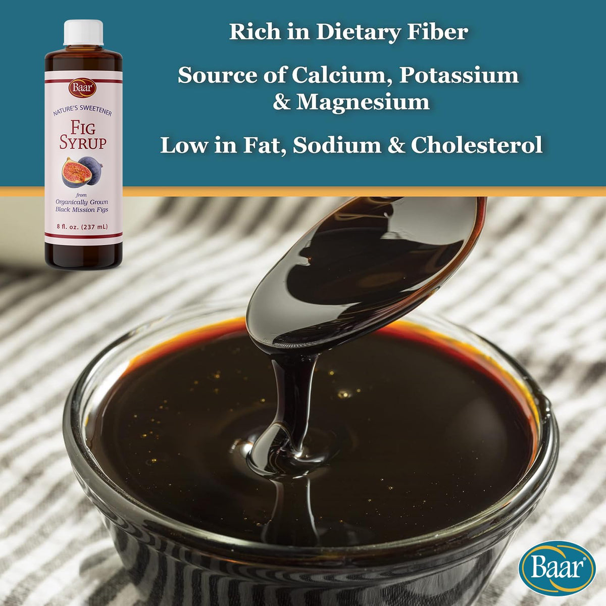 Baar Fig Syrup bottle on kitchen counter for everyday use.
