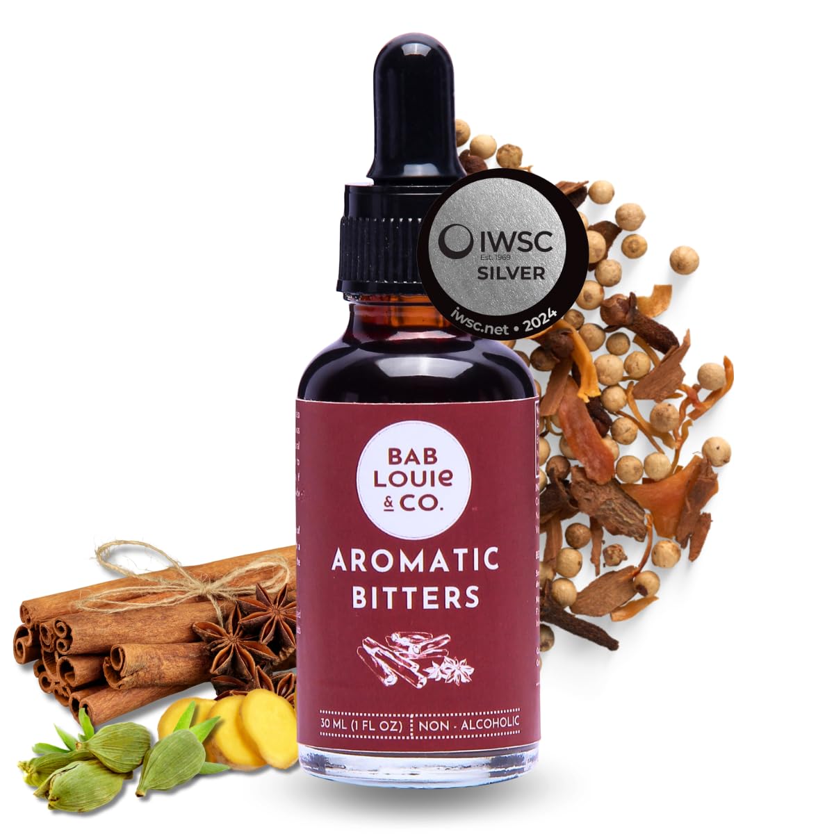 Bab Louie & Co. Aromatic Spiced Bitters bottle ready to elevate cocktails with nuanced aroma.