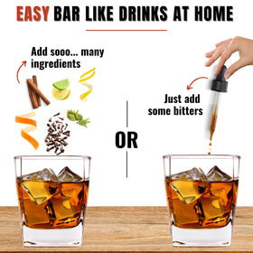 Pour shot of Bab Louie & Co. bitters adding depth to a classic Old Fashioned.