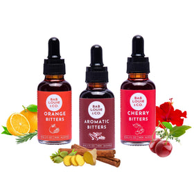Bab Louie & Co. Cherry bitters bottle adds bright cherry depth to cocktails.