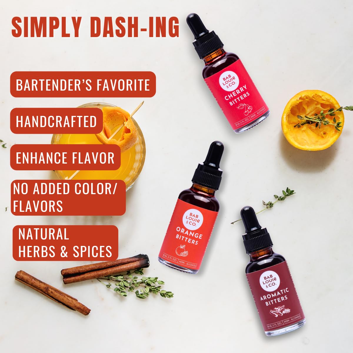 Bab Louie & Co. Mocktail idea bottle suggests versatile non-alcoholic drink enhancements.