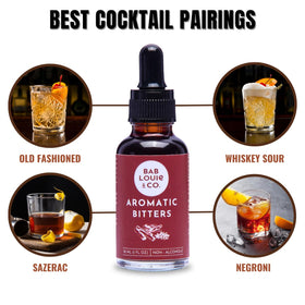 Serving suggestion with a glass and garnish featuring Bab Louie & Co. bitters.