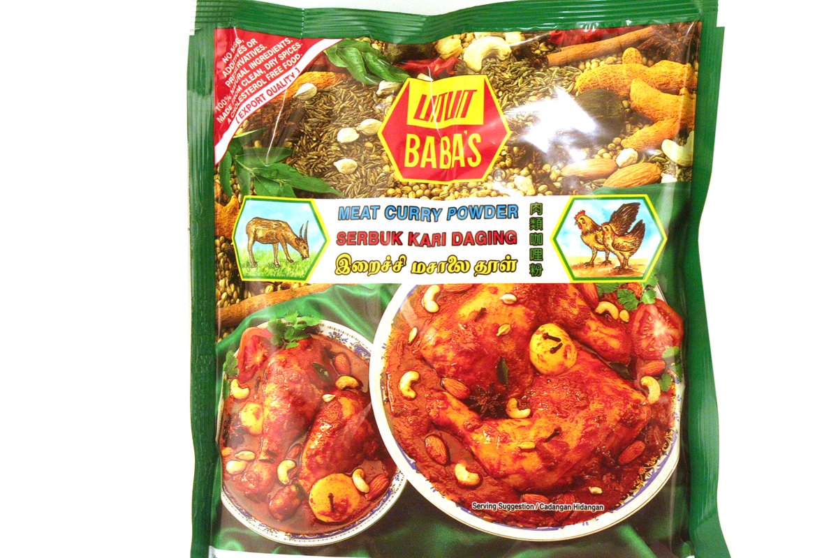 Babas curry powder bottle for meat curry, elevates flavor for easy, weeknight dinners.