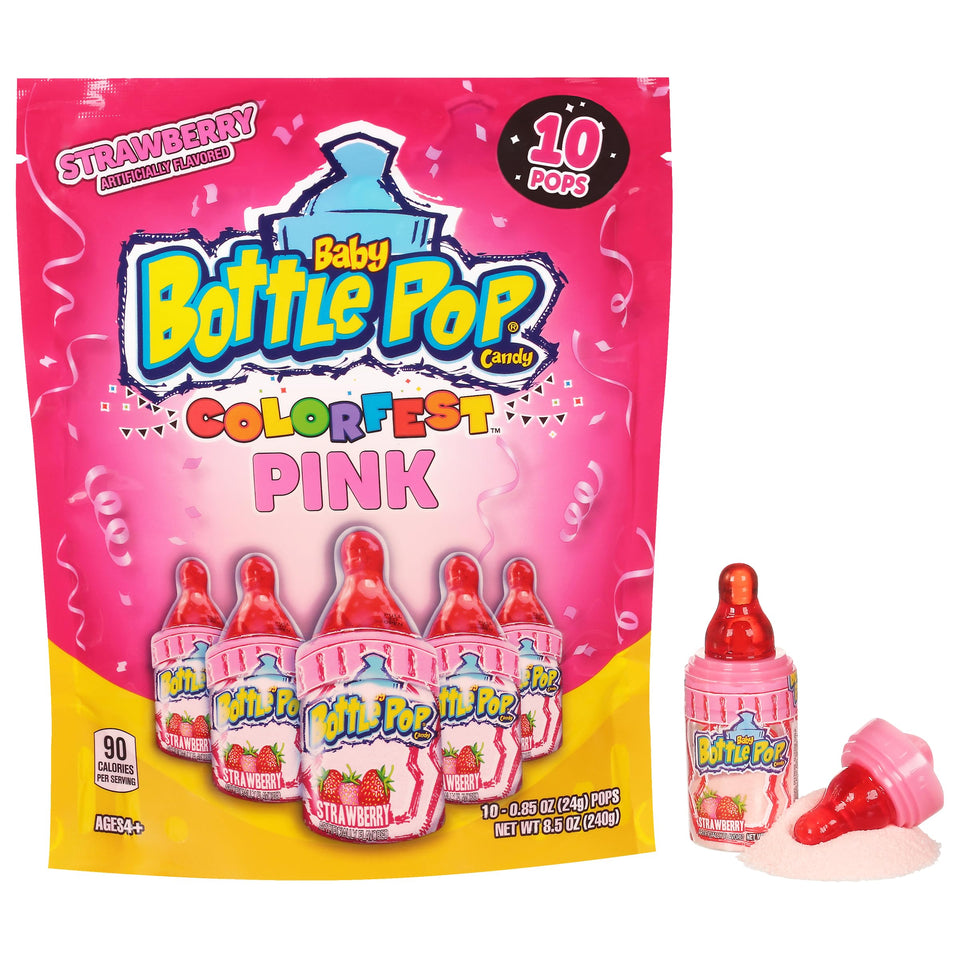 Baby Bottle Pop Colorfest Pink lollipops top for playful party favors.