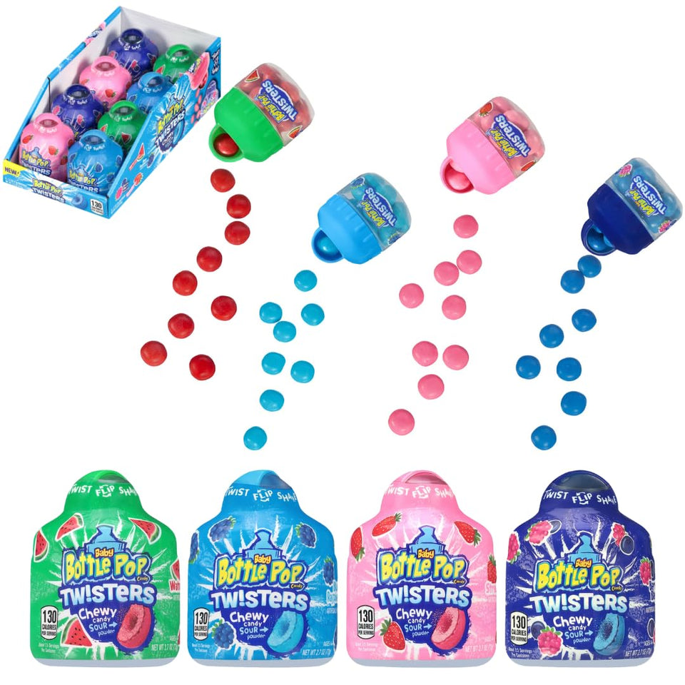 Baby Bottle Pop Twisters candy shell around a chewy center for a playful bite.