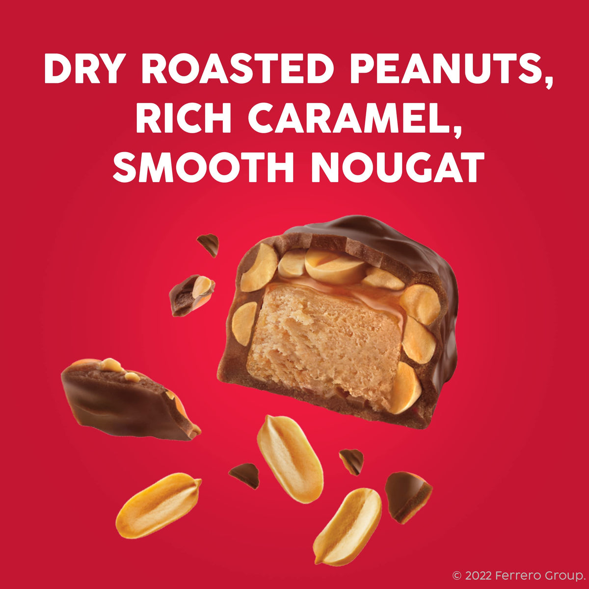 Detail of caramel and nougat with peanuts for rich, chewy bite.